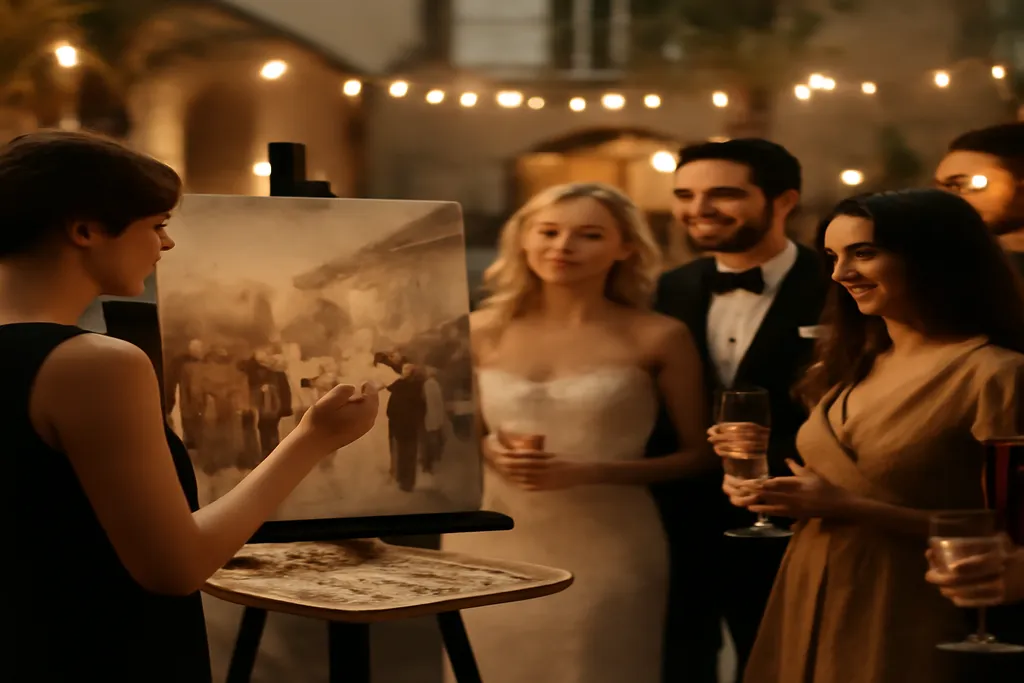 Peintre capturant en direct la scène du cocktail de mariage