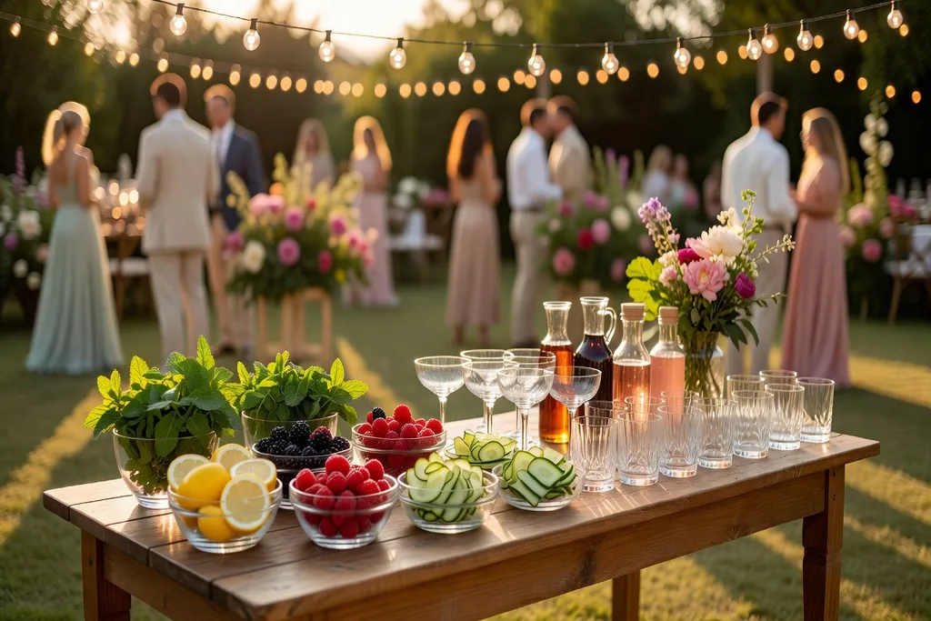 Bar à cocktails DIY coloré installé lors d'un mariage estival