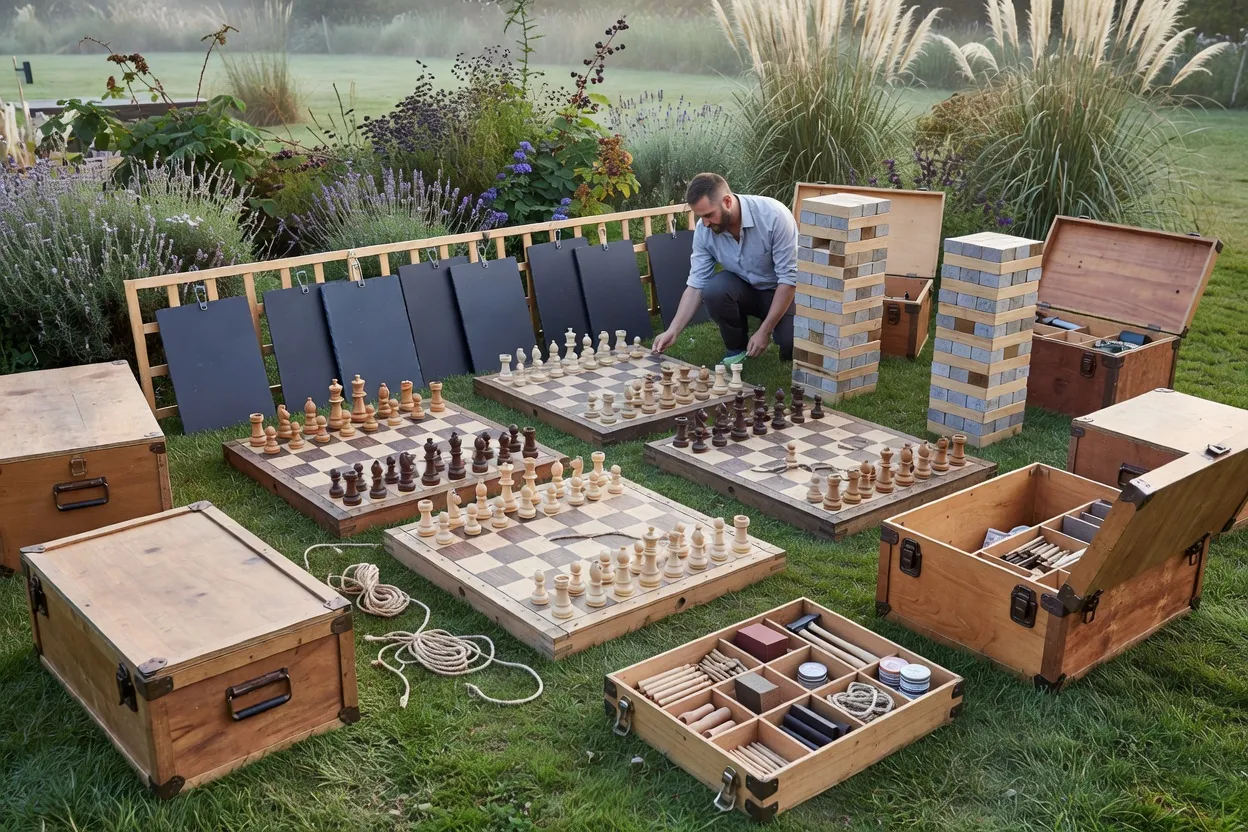 Jeux en bois loués et signalétique réutilisable pour un cocktail de mariage