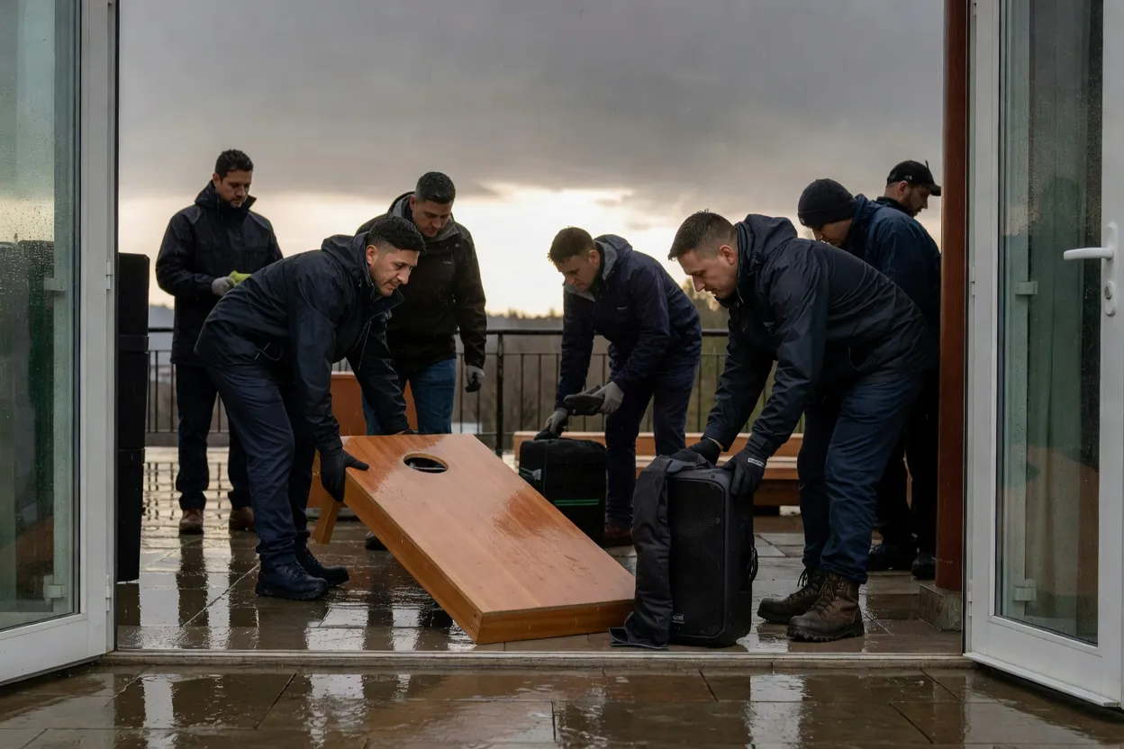 Équipe de mariage déplaçant une animation vers une salle intérieure avant la pluie