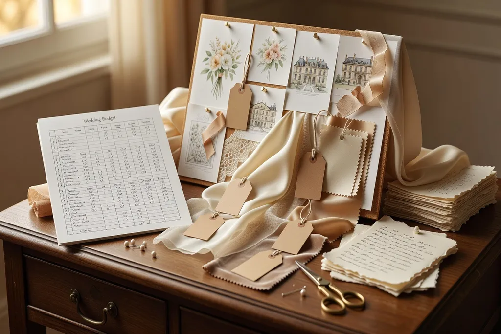 Feuille de calcul de budget mariage avec échantillons de tissus et étiquettes de prix