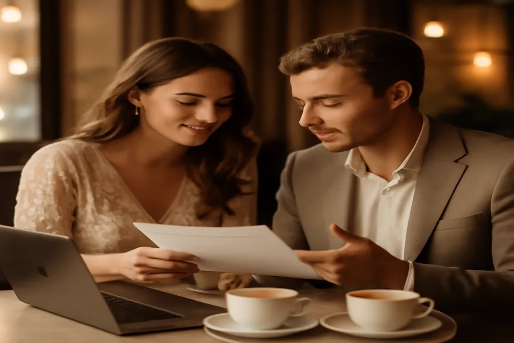 Couple discutant de contrats de prestataires de mariage autour d'un café