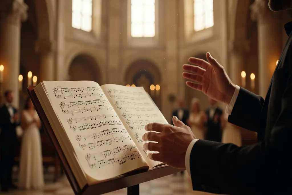 Sheet de musique et mains du chef de chœur pendant une répétition de cérémonie