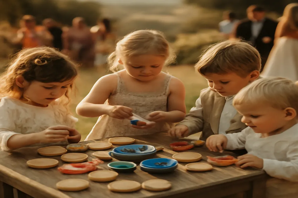 Enfants décorant des biscuits à une table d'activités en extérieur lors d'un mariage champêtre
