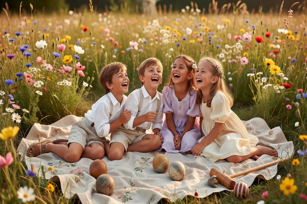 Enfants riant sur une couverture de pique-nique avec des jeux de plein air lors d'un mariage