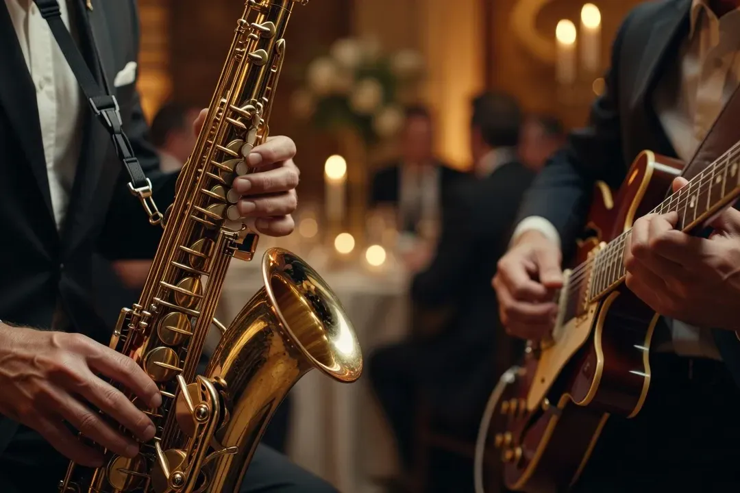 Musiciens d'un groupe soul en train de s'installer sur scène lors d'un mariage