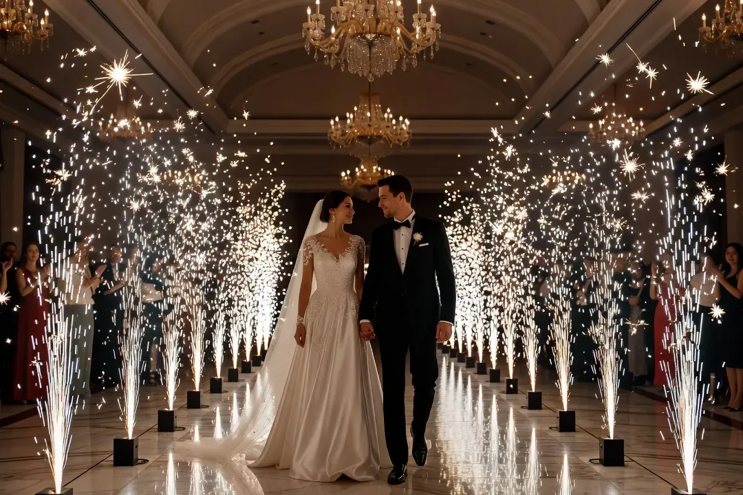 Artificier préparant les mortiers en amont d'un spectacle de mariage en extérieur