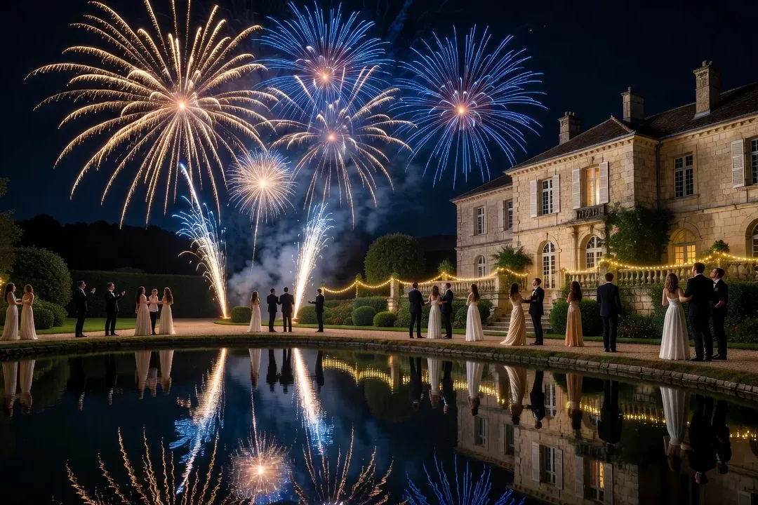 Spectacle pyrotechnique lors d'un mariage en extérieur, invités rassemblés en cercle