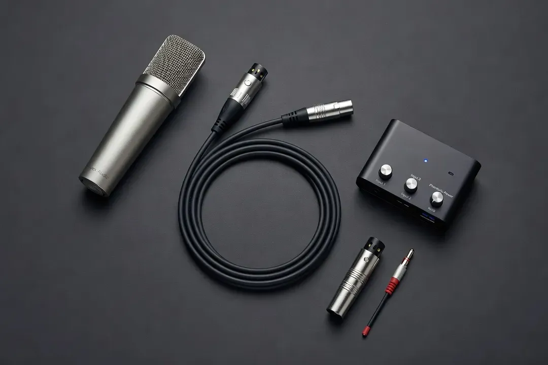 Matériel audio professionnel : microphone, câble et table de mixage