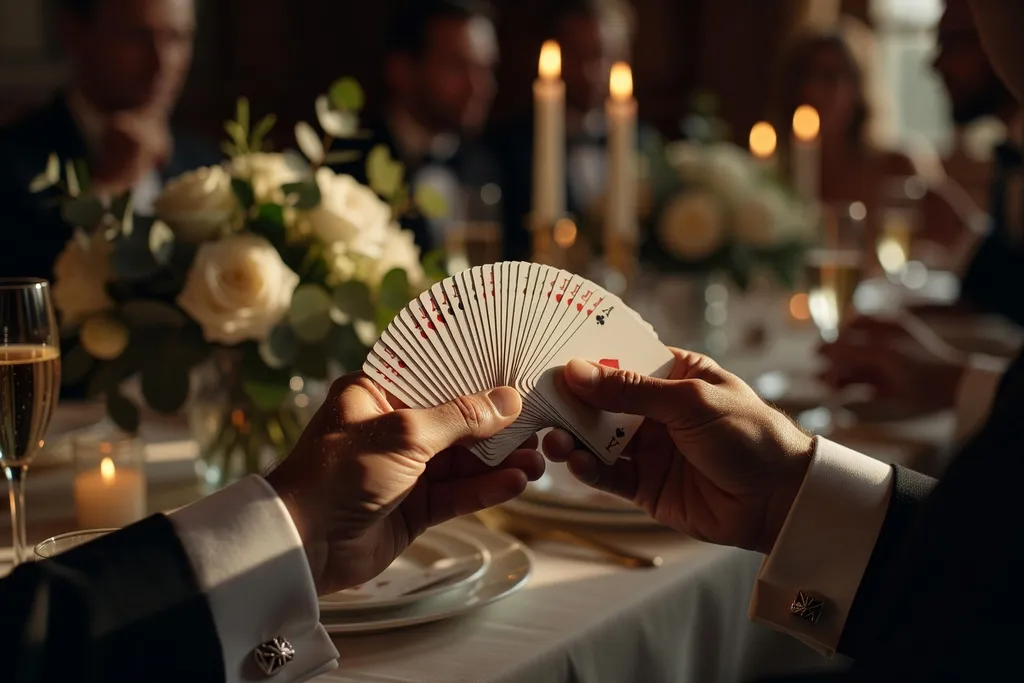 Magicien performant un tour de cartes lors d'un cocktail de mariage