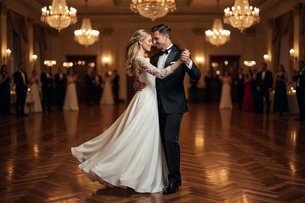 Couple s'entraînant pour leur valse de mariage avec un coach