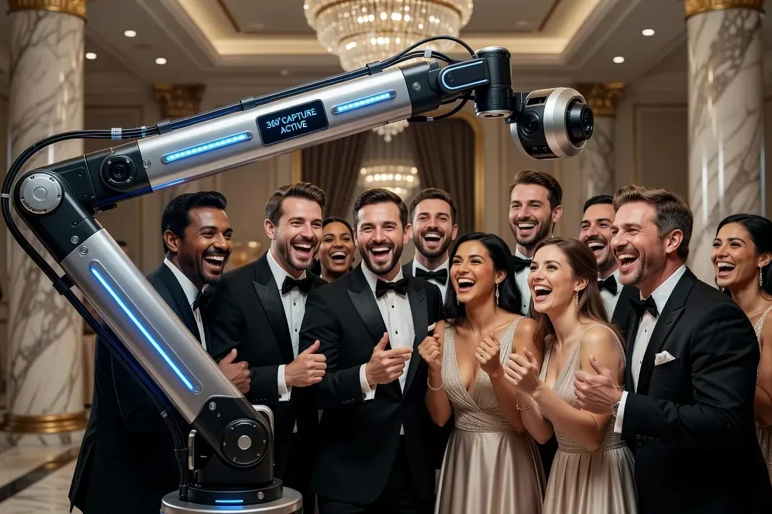 Plateforme 360° en action lors d'un mariage, invités en train de poser