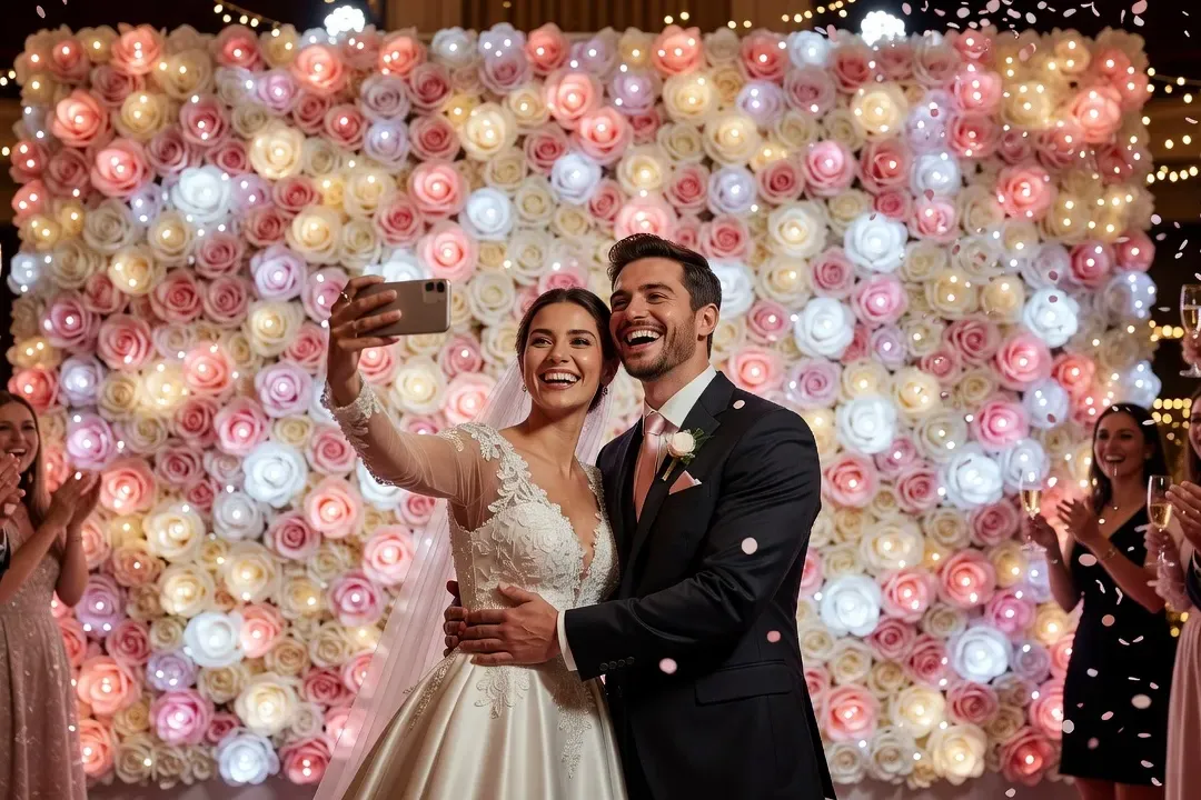 Mur de fleurs LED comme backdrop pour photos de mariage, couple devant