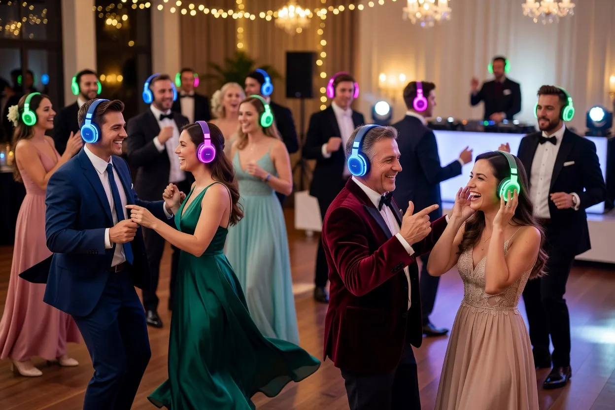 Invités d'un mariage portant des casques lumineux sur une piste de silent disco