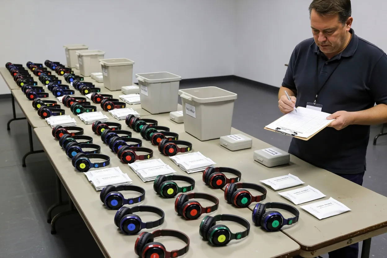 Table de distribution de casques de silent disco avec numérotation et matériel de secours