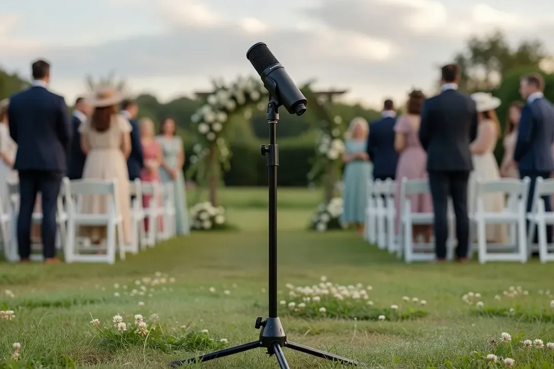 Microphone sans fil installé pour une cérémonie de mariage en extérieur