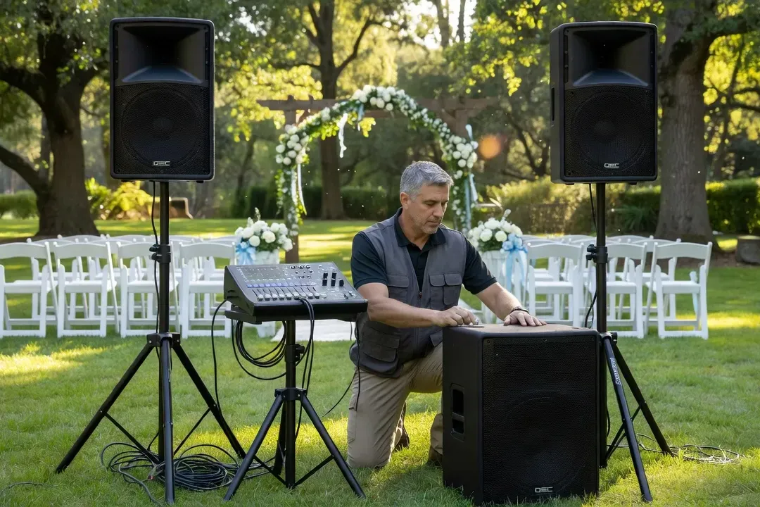 Technicien son qui installe les enceintes de scène avant un mariage