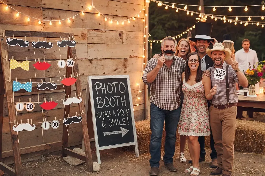 Photobooth DIY lors d'un mariage avec accessoires et cadres imprimés