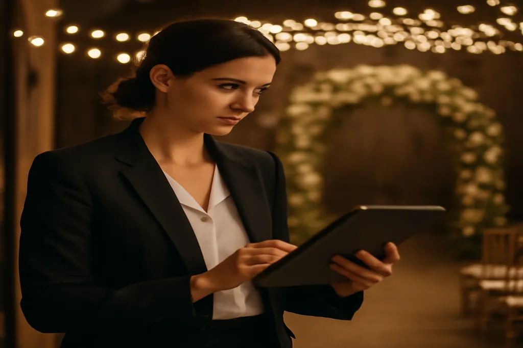 Wedding planner vérifiant le planning de la journée sur tablette avant un mariage