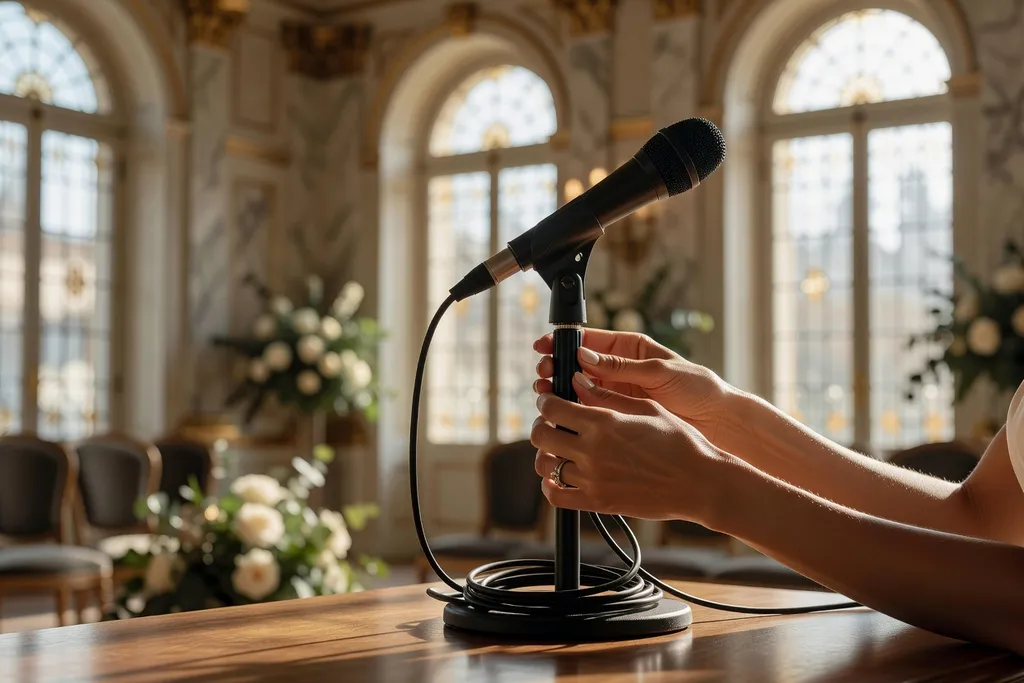 Wedding planner ajustant le microphone et les câbles avant une cérémonie