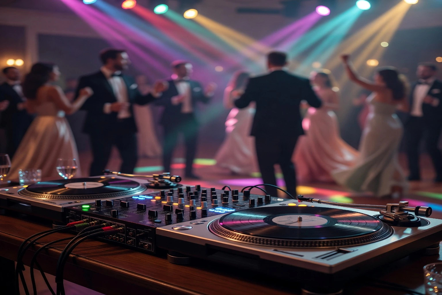 DJ mariage en action avec ses platines et éclairage de piste de danse