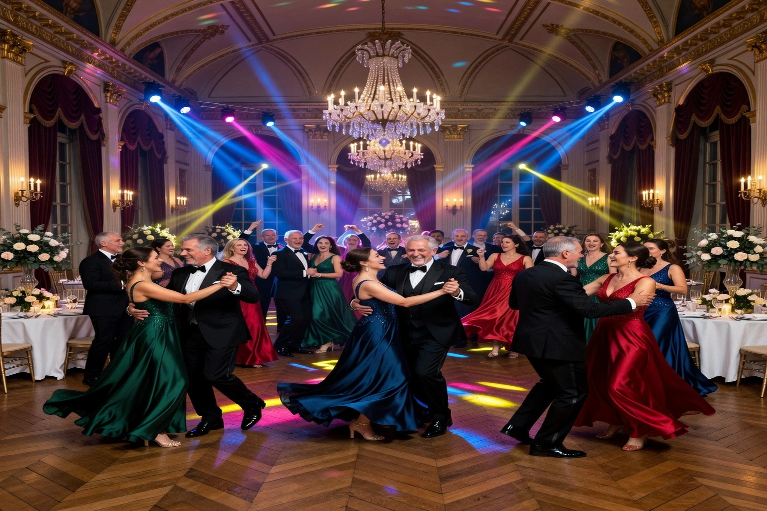 Jeunes mariés partageant leur première danse sous un éclairage de soirée